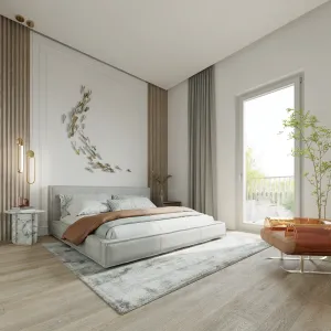 Elegantes Schlafzimmer in Wohnung 24 mit Blick in den Innenhof – LEONIQ Schwabing